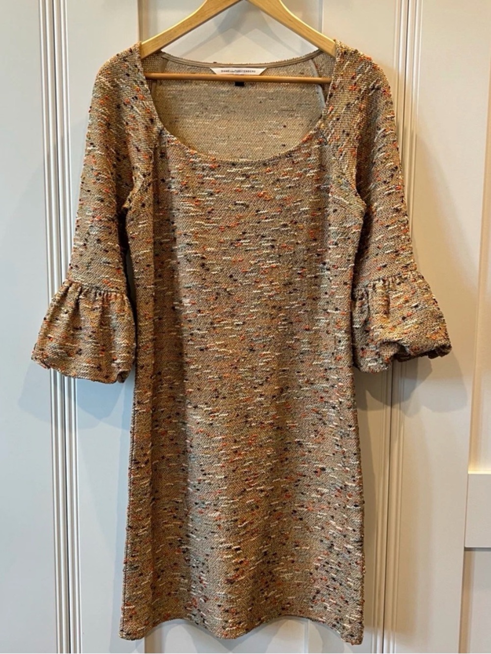 Diane Von Furstenberg Tan Multicolor Speckled Boucle Midi Dress